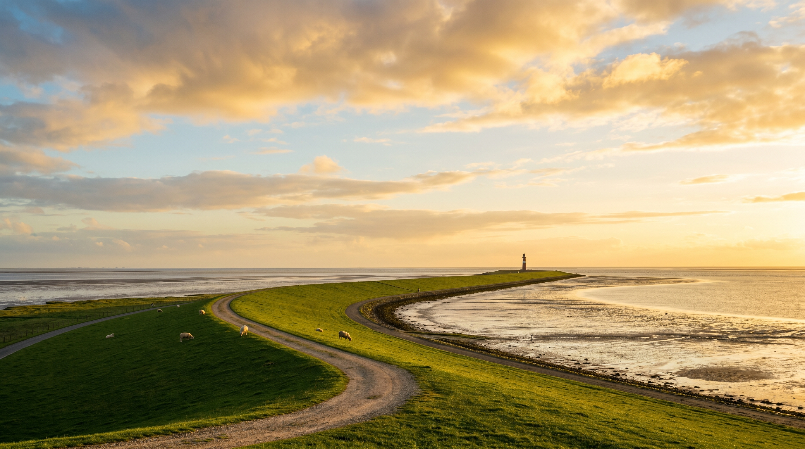 Ostfriesische Deichlandschaft mit Leuchtturm an der Nordsee im Abendlicht